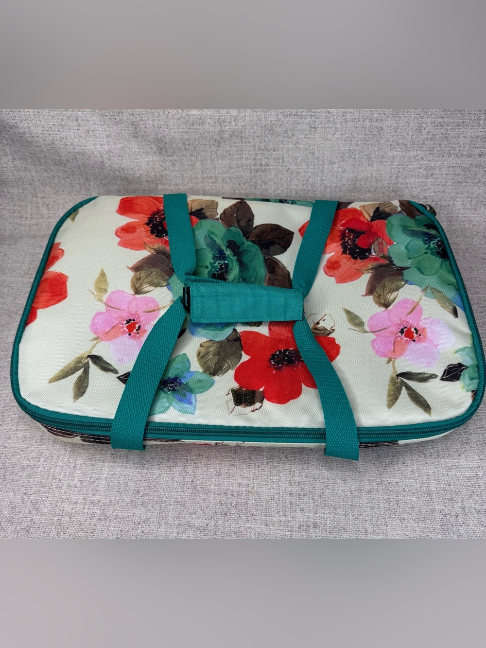 Pioneer Woman Teal Floral Insulated Casserole Carrier zip close hot/cold handle